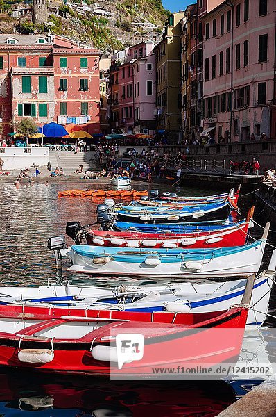 Fishing boats in harbour  Vernazza  Italian Riviera  Liguria  Italy.