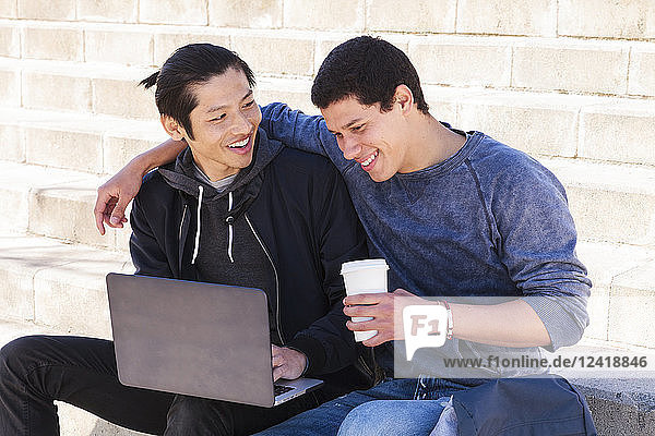 Male gay couple using laptop and drinking coffee