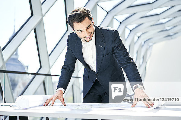 Businessman looking at plan in office