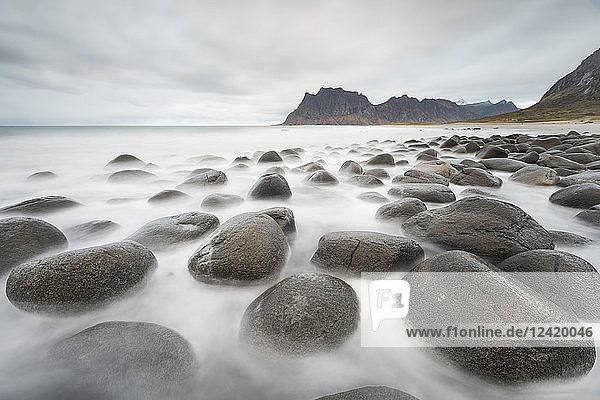 Norway  Lofoten  Vareid  Flakstad  Utakleiv  stones at beach