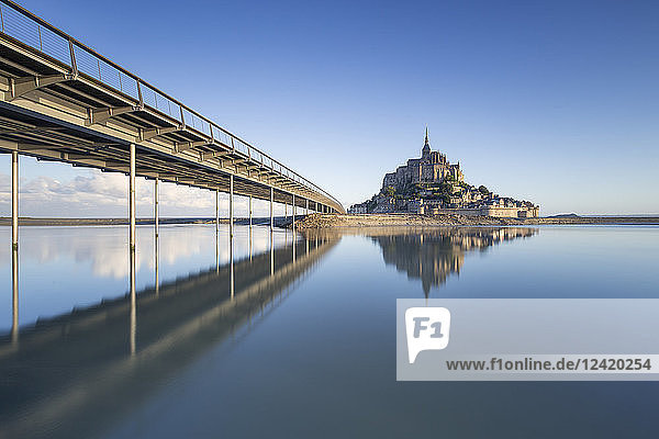 France  Normandy  view to lighted Mont Saint-Michel  blue hour