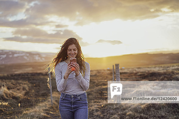 Iceland  young woman using smartphone at sunset