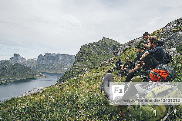 Norway  Lofoten  Moskenesoy  Group of young men sitting on grass  looking over Kjerkefjord