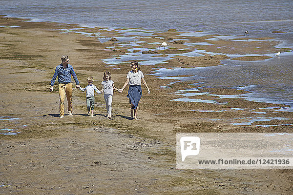 Australia  Adelaide  Onkaparinga River  happy family walking together hands in hands at beach