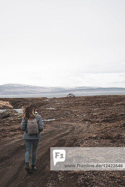 Iceland  back view of woman with backpack hiking in landscape