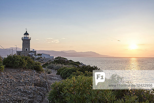Greece  Gulf of Corinth  Perachora  Lighthouse at Heraion at sunset