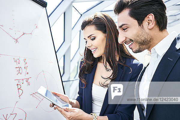 Businessman and businesswoman working with tablet and flip chart in office