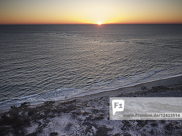 USA  Virginia  Aerial view of Virginia Coast Reserve  Atlantic Ocean  beach at sunset
