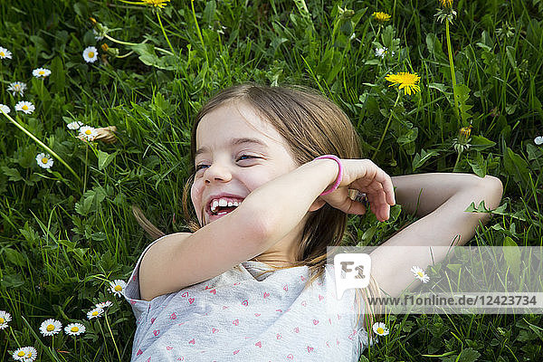Portrait of laughing little girl lying on a meadow