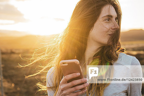 Iceland  woman using smartphone at sunset
