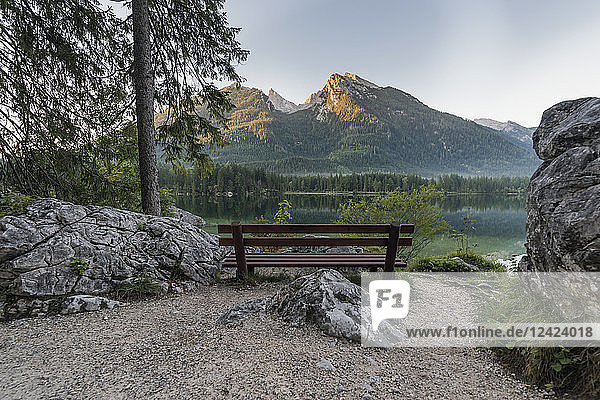 Germany  Bavaria  Berchtesgaden Alps  Lake Hintersee  bench in the morning