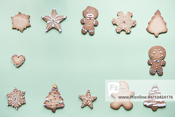 Various gingerbread decorated with sugar icing on bright green ground