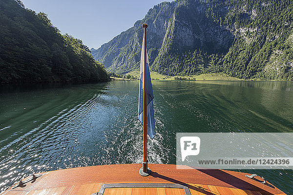 Germany  Bavaria  Berchtesgaden Alps  Lake Obersee  flag on ferry