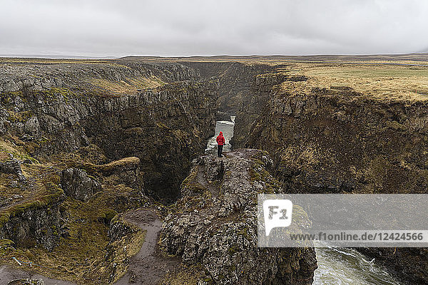 Iceland  North of Iceland  hiker looking to canyon
