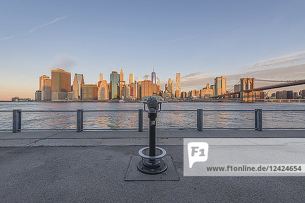 USA  New York City  Manhattan  Brooklyn  cityscape with coin operated binoculars