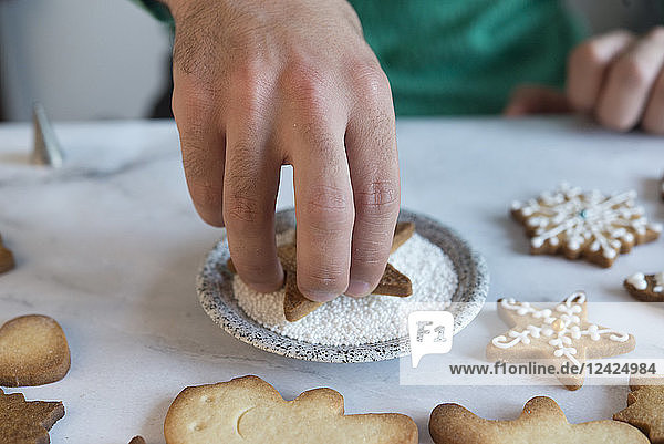 Man's hand decorating Christmas Cookie  close-up