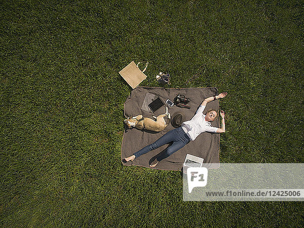 Bird's eye view of woman lying on blanket on meadow with dog and utensils