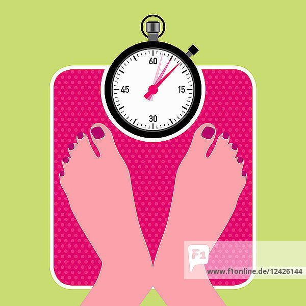 Woman on bathroom scales with stopwatch ticking