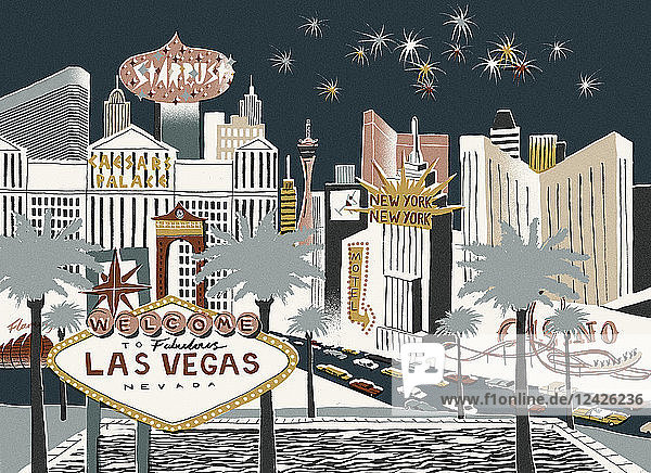 Illustration of Las Vegas street scene at night