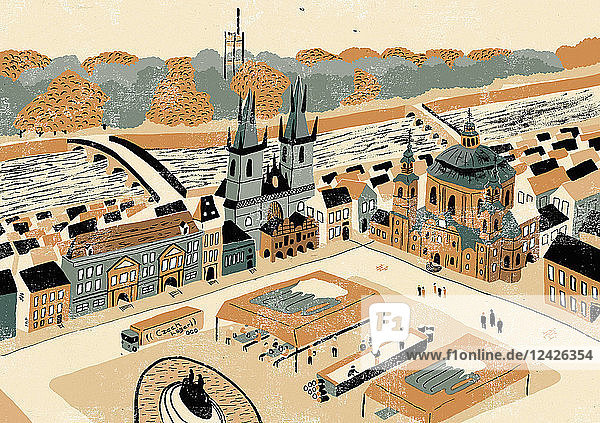 Illustration of Old Town Square and Prague landmarks