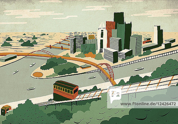 Illustration of Pittsburgh at river confluence