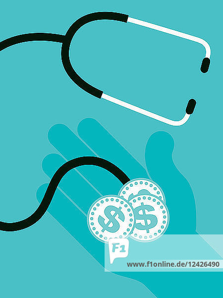 Stethoscope checking hand holding dollar coins