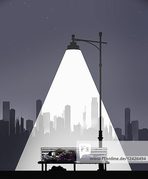 Lamp post illuminating rough sleeper on bench