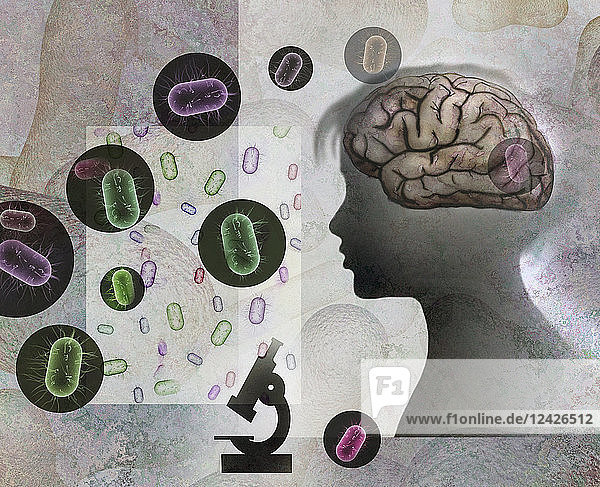Biomedical illustration of child's brain and bacteria
