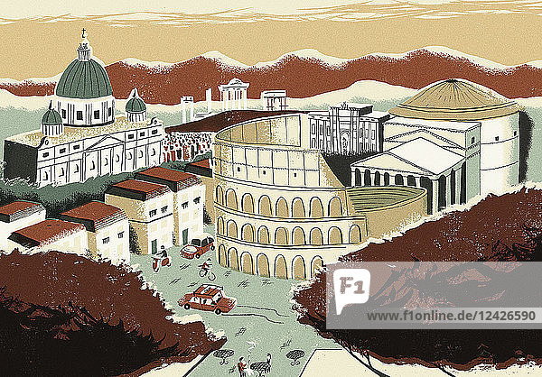 Illustration of Coliseum and Rome landmarks