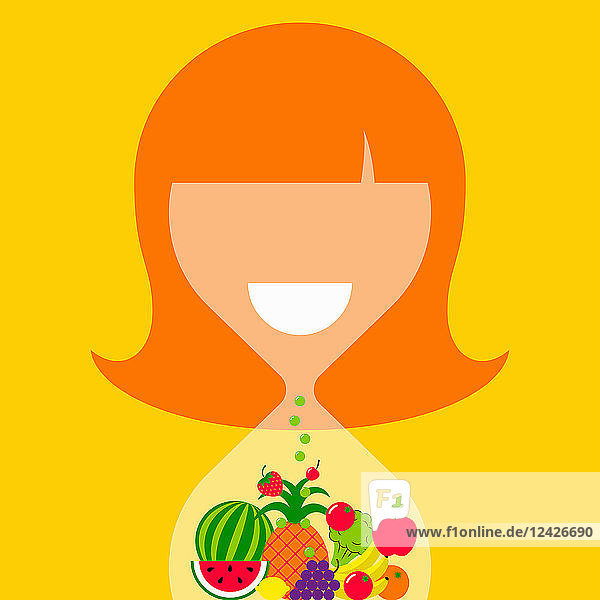 Woman shaped as hourglass containing healthy fruit and vegetables