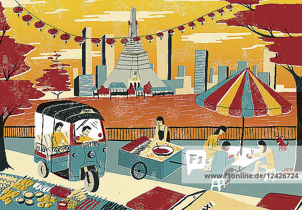 Illustration des Stadtlebens am Fluss Chao Phraya in Bangkok