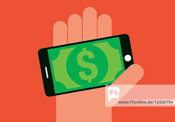 Dollarnote auf dem Smartphone-Bildschirm in der Handfläche