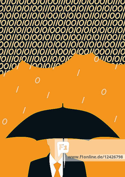 Businessman holding umbrella against binary code rain