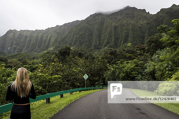 Rear view shot of blonde woman standing in scenery with road and mountains  Kaneohe  Oahu  Hawaii Islands  USA