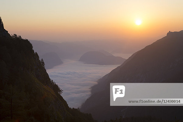 Sunrise from Mount Vogel a famous hiking peak on the beautiful ridge above Bohinj lake in Triglav National Park Slovenia