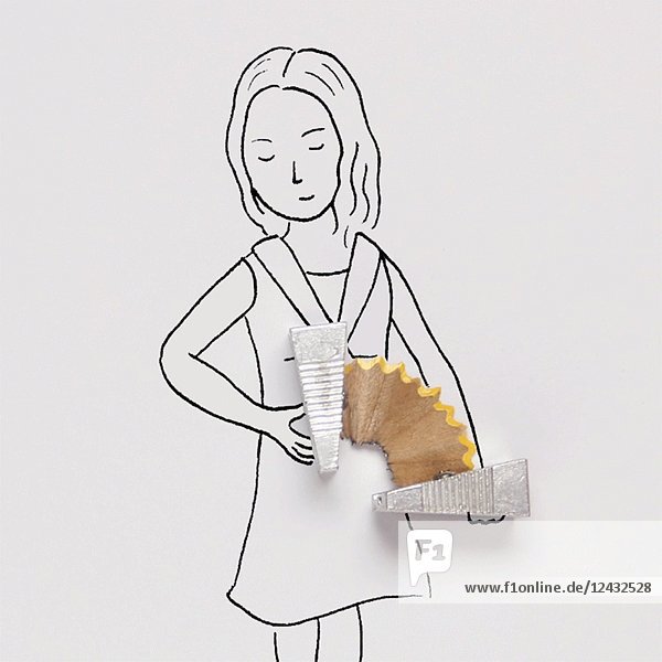 Illustration einer Frau  die Akkordeon mit Bleistiftspitzer spielt  Stop-Motion-Effekt