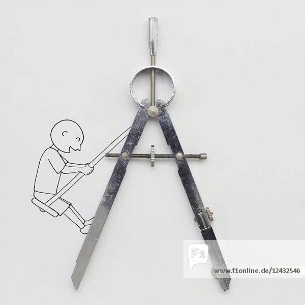 Illustrierter Mann  der sich am Kompass schwingt Werkzeug