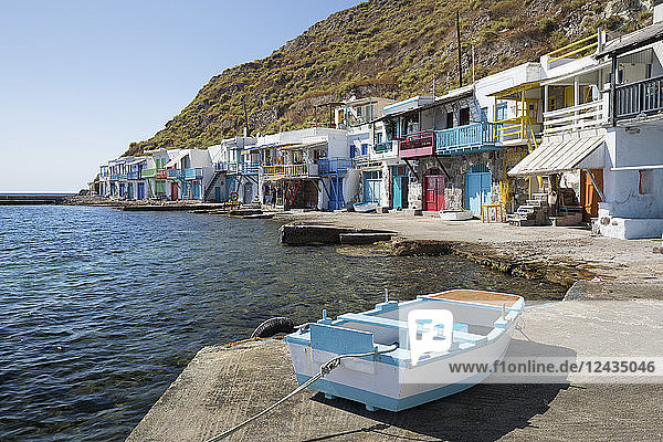 Colourful fishermen's boat houses  Klima  Milos  Cyclades  Aegean Sea  Greek Islands  Greece  Europe