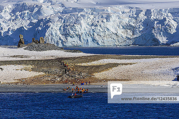 Expeditionstouristen verlassen Half Moon Island  Livingston Island  blaue Gletscher und Abendsonne  Südliche Shetlandinseln  Antarktis  Polarregionen