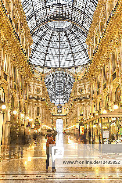 Morning scene of Galleria Vittorio Emanuele II  Milan  Lombardy  Northern Italy  Italy  Europe