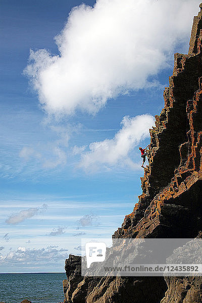 Felskletterer in Aktion,  Culm Coast,  Nord-Devon,  England,  Vereinigtes Königreich,  Europa