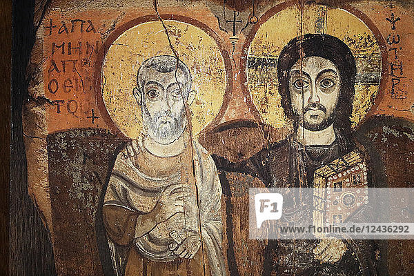 Jesus and Menas in a 6th century icon from Bawit in Middle Egypt  Saint-Pierre-le-Jeune Protestant Church  Strasbourg  France  Europe