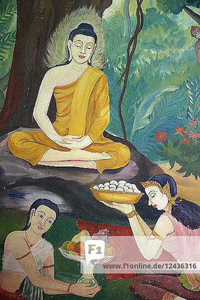 Fresco depicting food offerings to the Buddha in Wat Ampharam  Hua Hin  Thailand  Southeast Asia  Asia