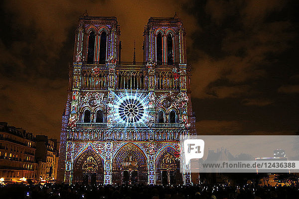 Sound and Light show at Notre Dame de Paris Cathedral  UNESCO World Heritage Site  Paris  France  Europe