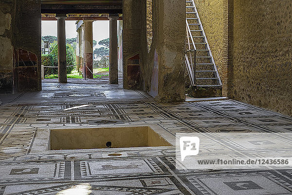 Casa di Paquius Proculus Mosaik  Innenraum des Hauses des Cuspius Pansa mit Blick über das Atrium zum Tablinum und Oecus  Pompeji  UNESCO-Weltkulturerbe  Kampanien  Italien  Europa