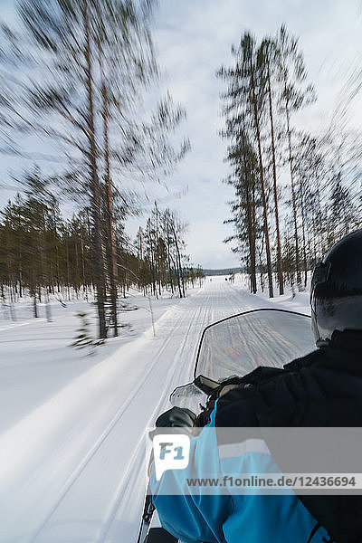 Senior woman traveler on snowmobile  speeding through the blurred trees  Torassieppi  Lapland  Northern Finland  Europe