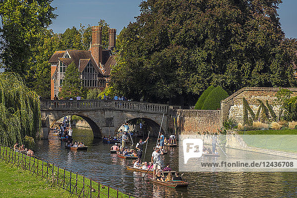 Stocherkahnfahren auf dem Fluss Cam  Clare College  Clare Bridge  Cambridge  Cambridgeshire  England  Vereinigtes Königreich  Europa