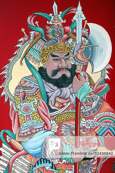 Guardian figure paintings on gate  Hoi Tuong Te Nguoi Hoa Buddhist Chinese temple  Phu Quoc  Vietnam  Indochina  Southeast Asia  Asia