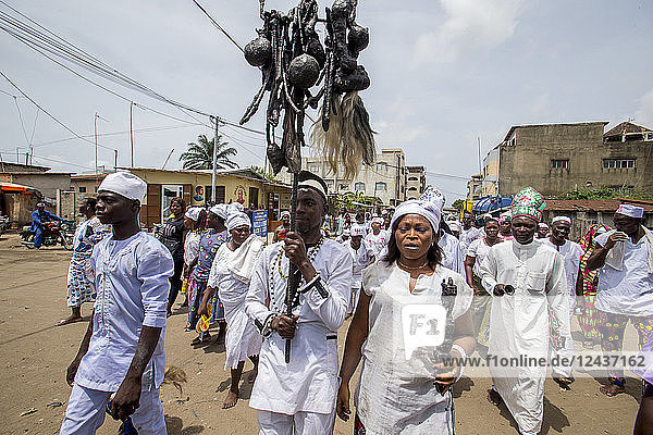 Voodoo cult procession in Cotonou  Benin  West Africa  Africa