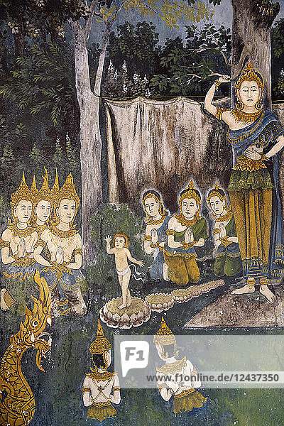 Fresco depicting Buddha as a child in a scene of the Buddha's life in Wat Phra Doi Suthep  Chiang Mai  Thailand  Southeast Asia  Asia